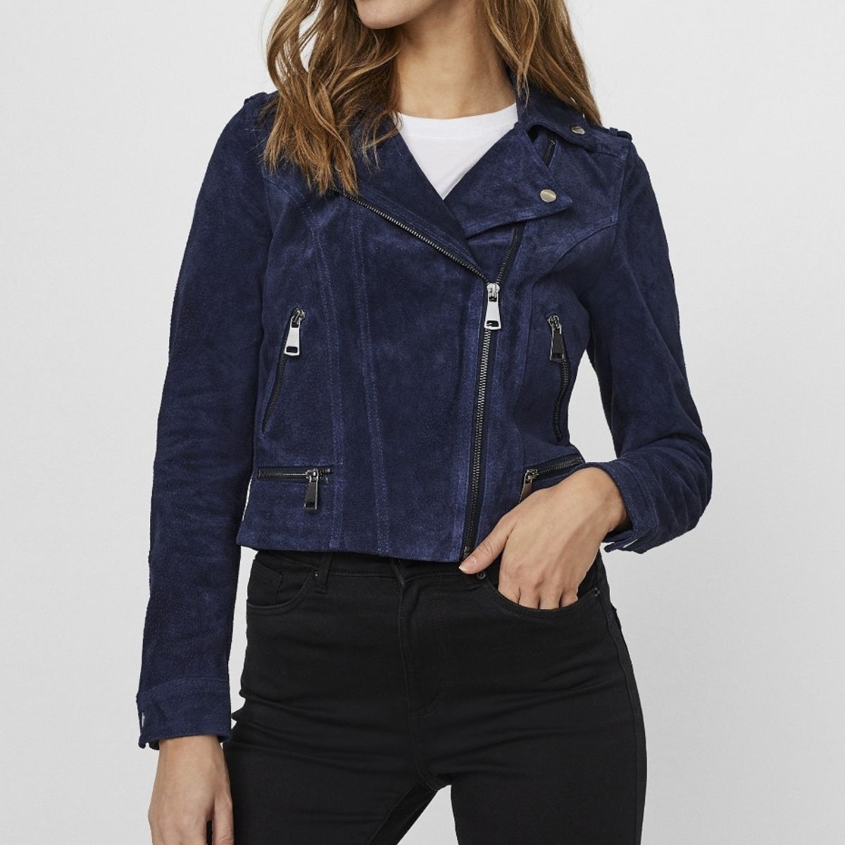 Gritty Blue Suede Biker Jacket for Women