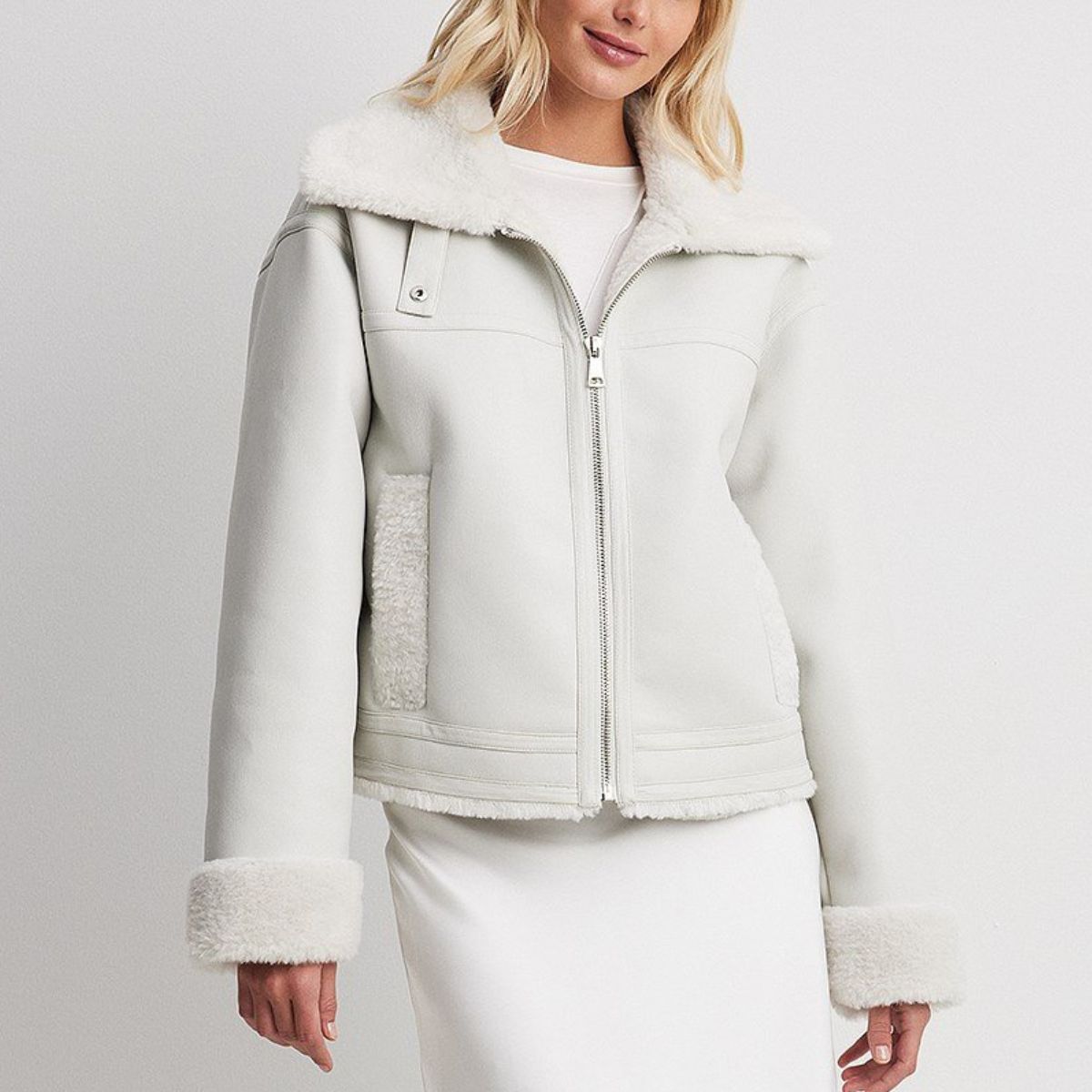 Frost Kissed Leather White Shearling Jacket Women’s