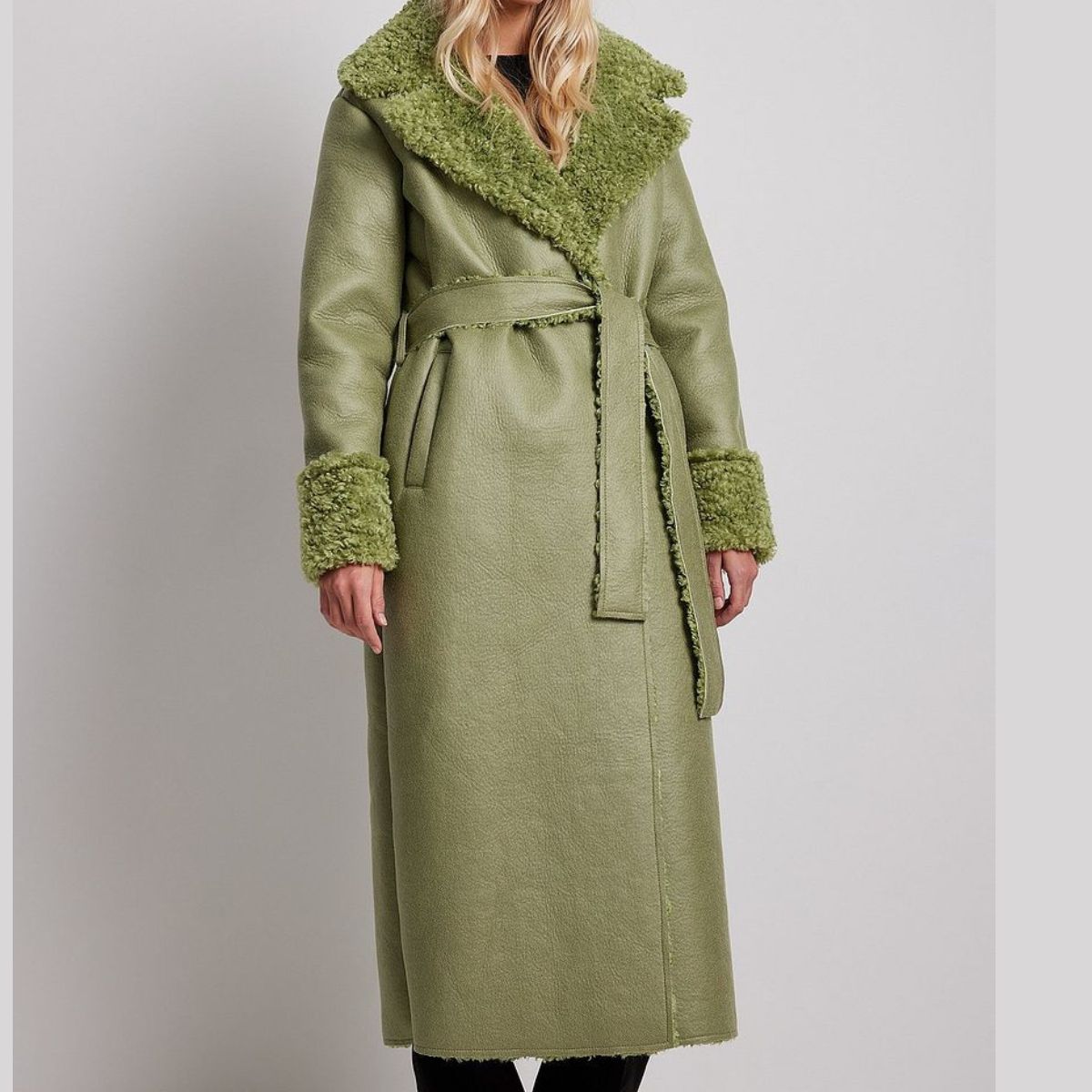 Women’s Green Shearling Leather Long Coat with Belt