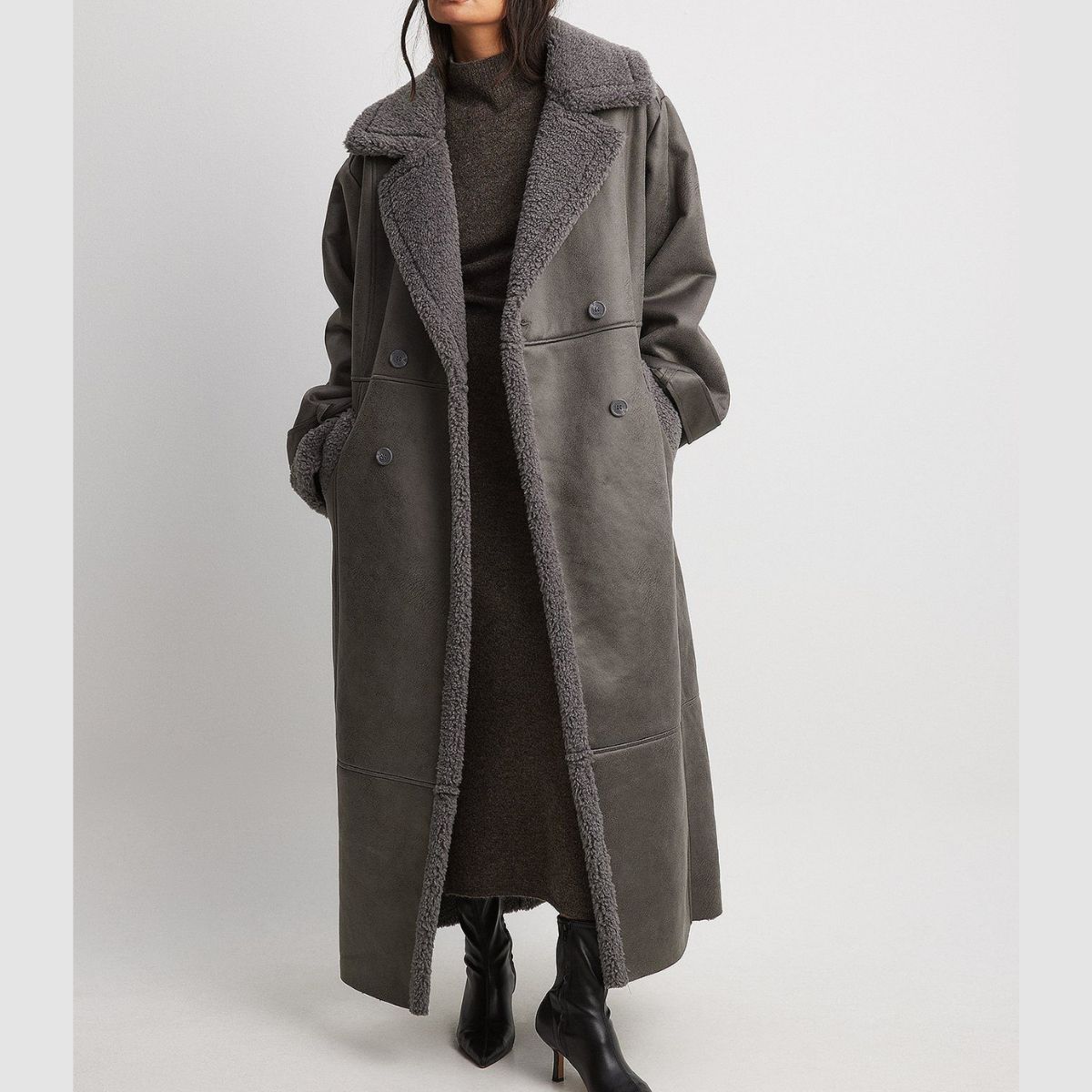 Grey Shearling Long Coat With Sherpa Fur Lining For Women