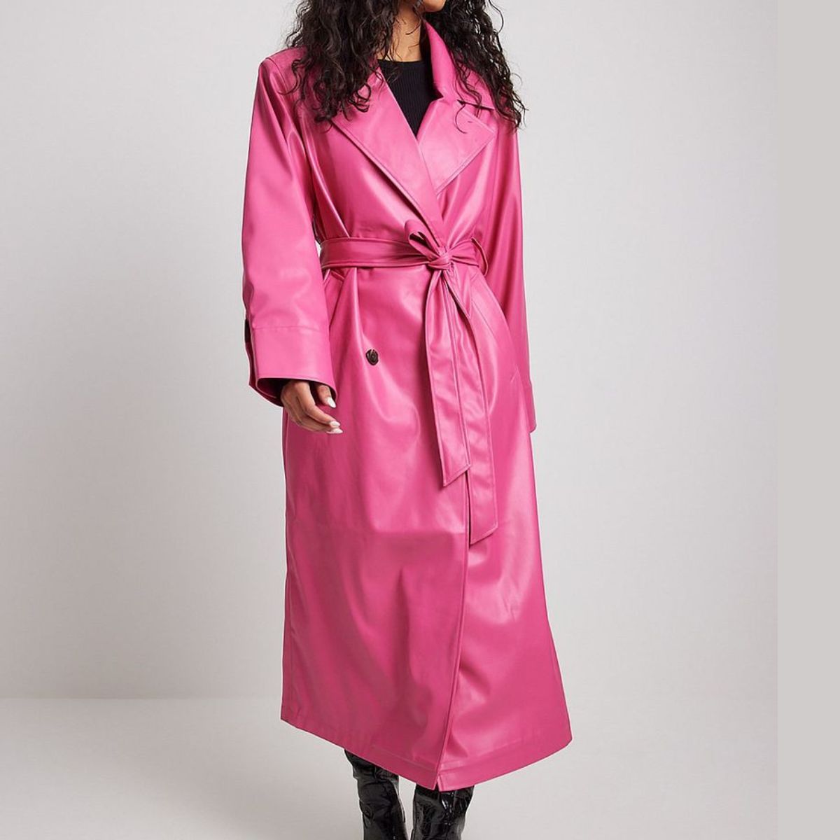 Women’s Trendy Pink Leather Trench Coat With Leather Waist Belt