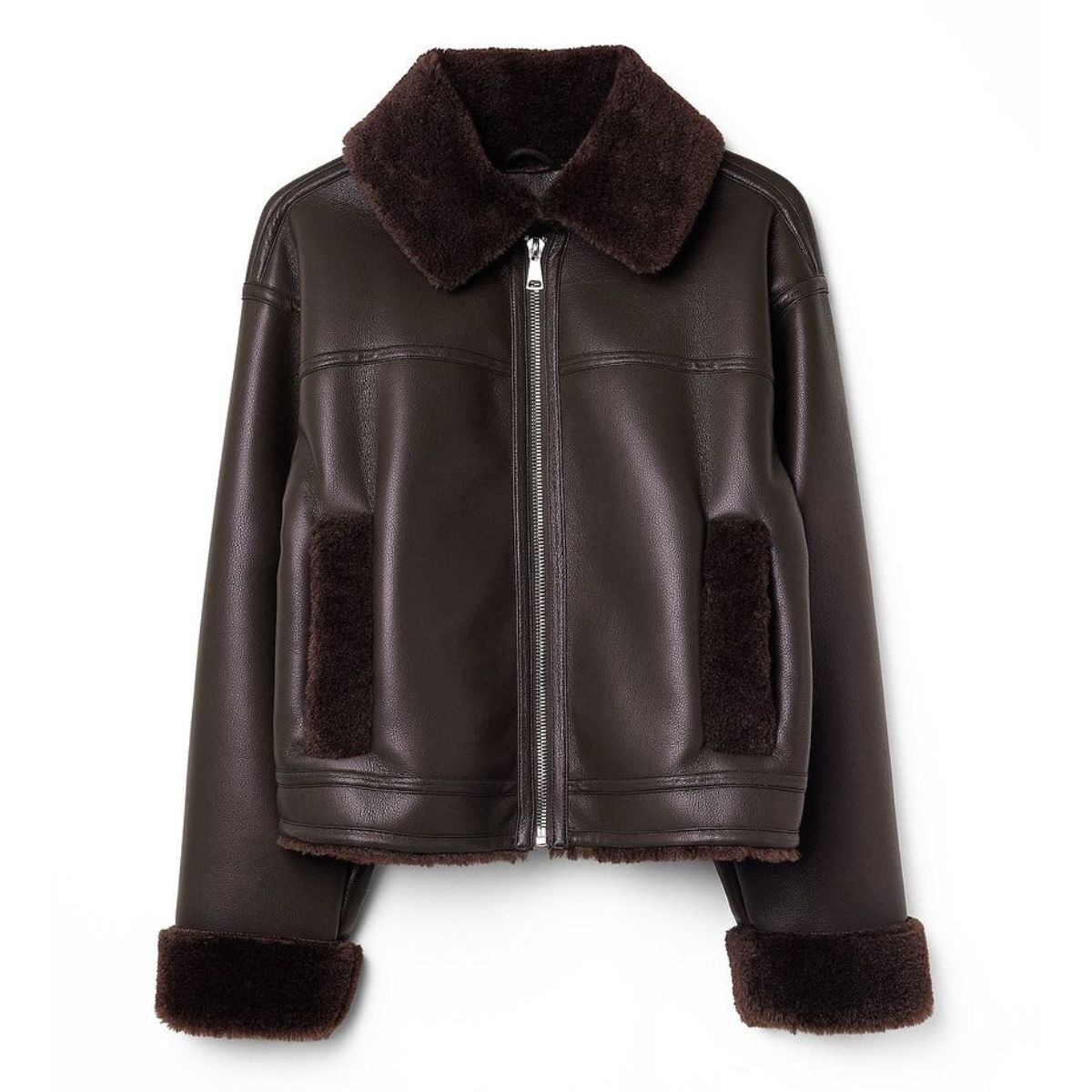 Chocolate Brown Leather Shearling Jacket Women’s with Fur Collar & Sleeves