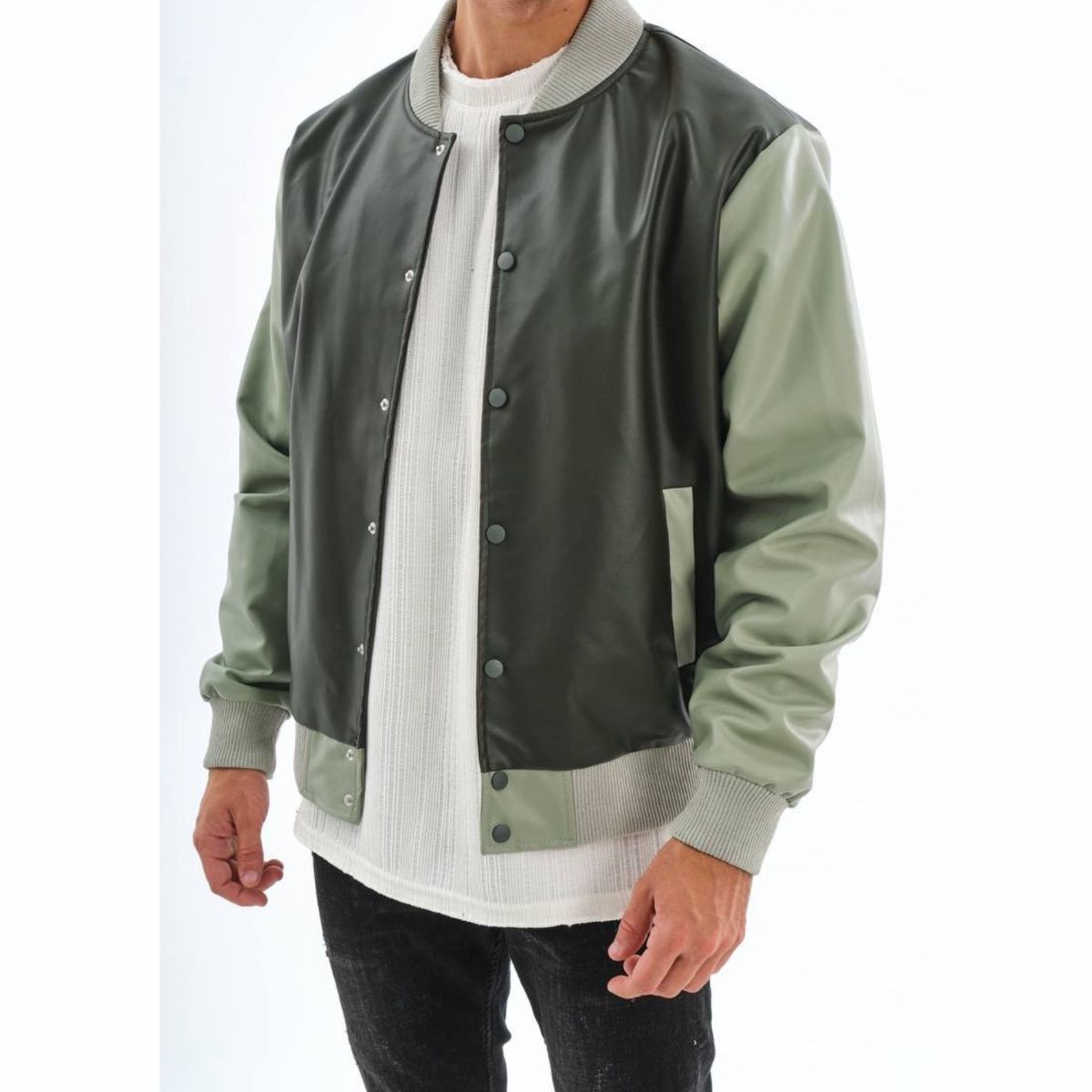 Spectrum Men’s Green Bomber Leather Jacket with Button Closure