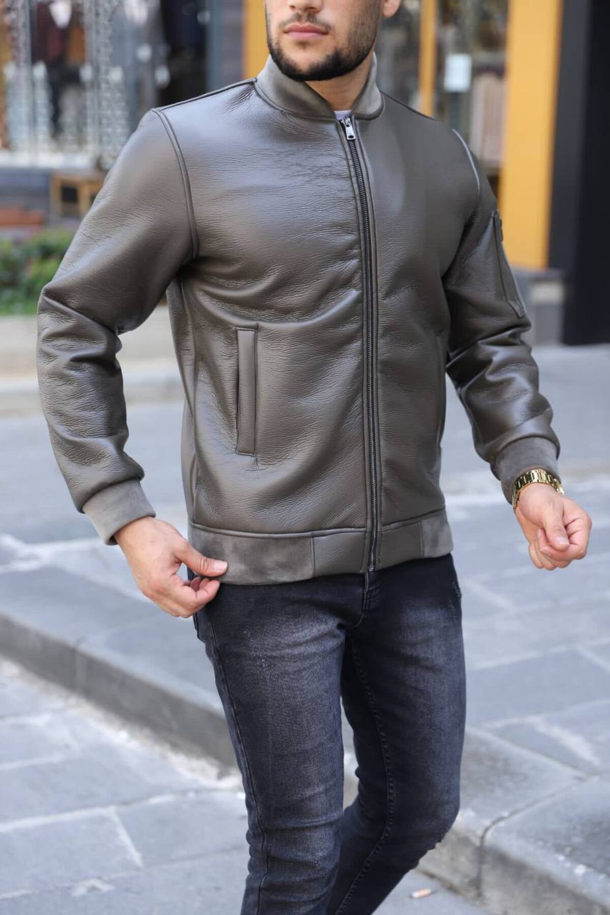 Premium Leather Grey Bomber Jacket Mens