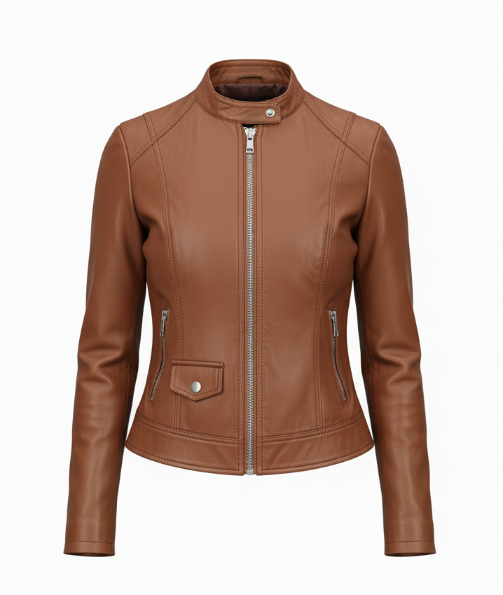 Aurea Women’s Light Brown Biker Leather Jacket – Front Zip, Stand Collar & Zippered Cuffs