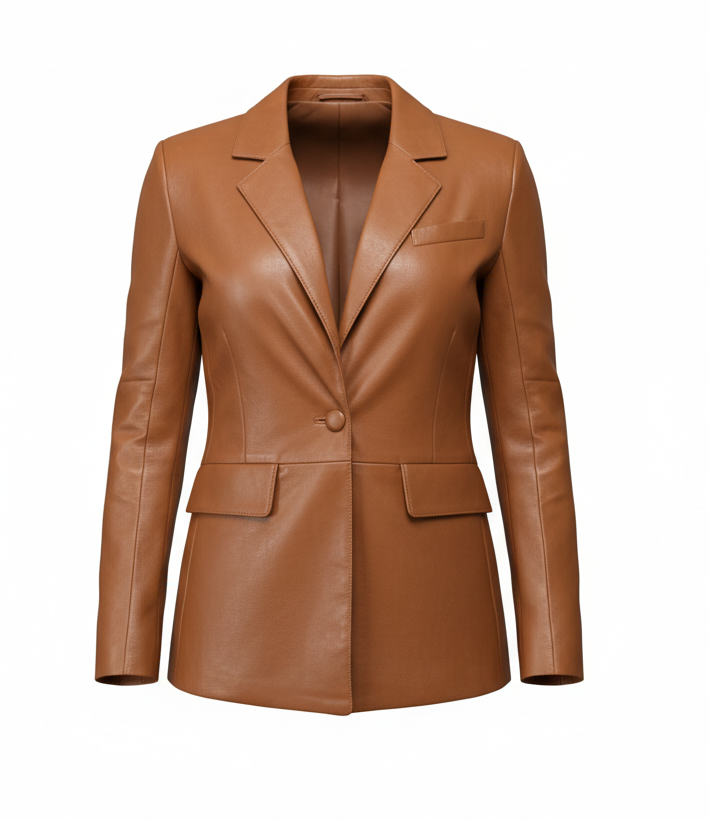 ARIA Women’s Brown Genuine Leather Blazer – Stylish Lapel & Front Pockets