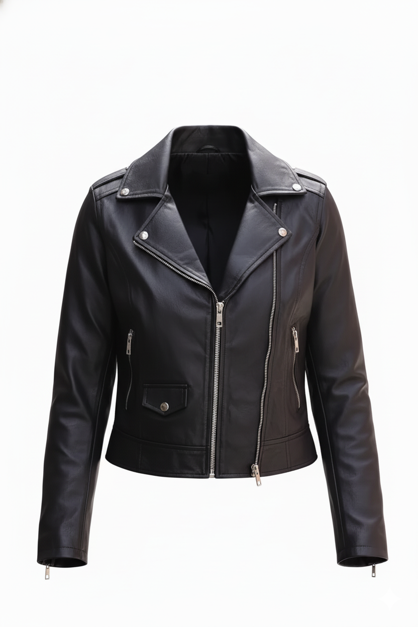 Chic Women’s Black Motorcycle Jacket – Real Leather with Zipper Cuffs