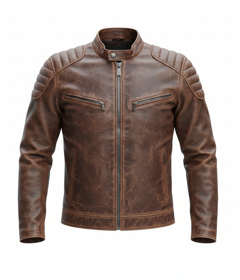 VALTOR Men’s Distressed Leather Motorcycle Jacket with Shoulder Design & Zip Pockets