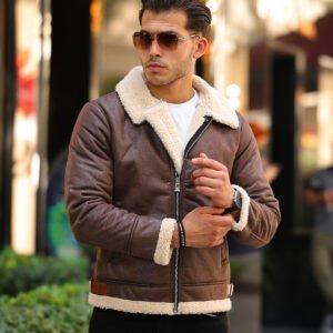Bright Brown Bomber Shearling fur Leather Jacket for Men