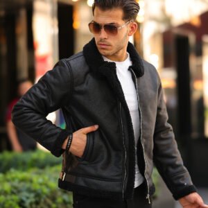 Black Bomber Lapel Fur Collar Leather Jacket for Men