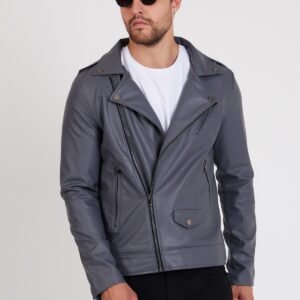 Grey Asymmetric Zipper Motorcycle Men Leather Jacket